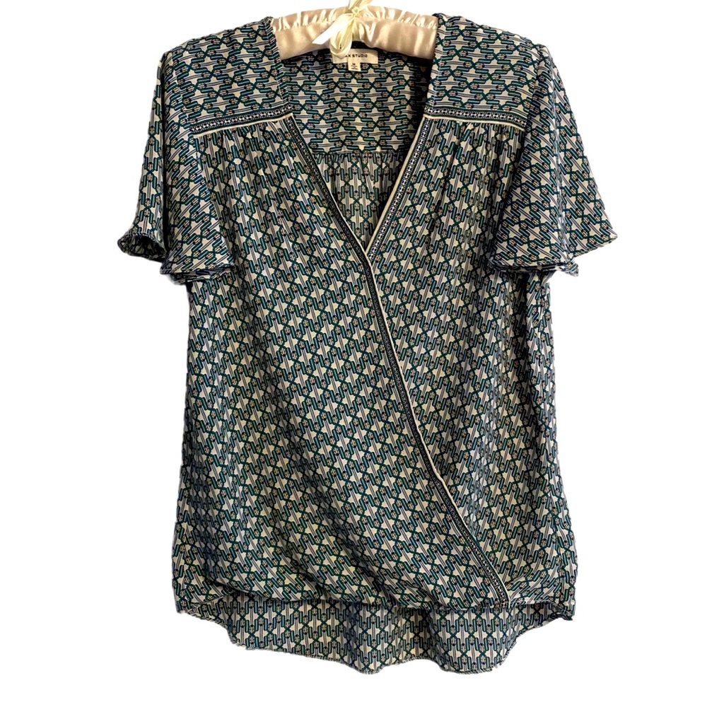 Max Studio Green Geometric Wrap Blouse with Notched Collar Size M